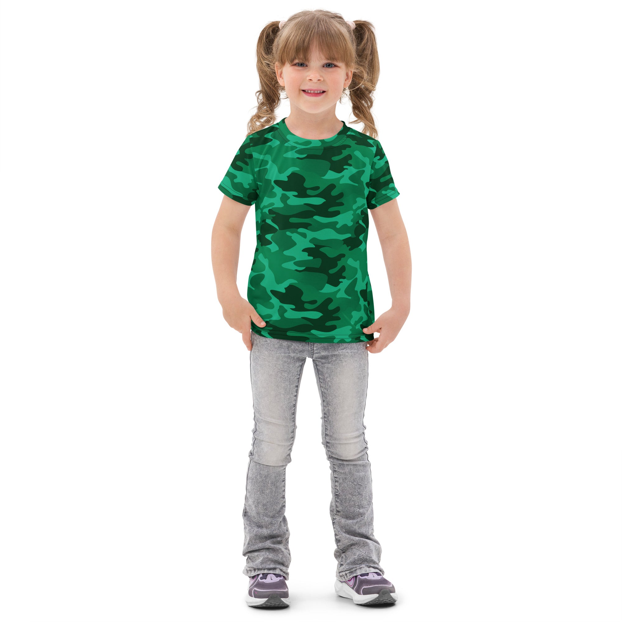 Kids green camouflage cotton t-shirt showing front side with short sleeves ideal for casual wear