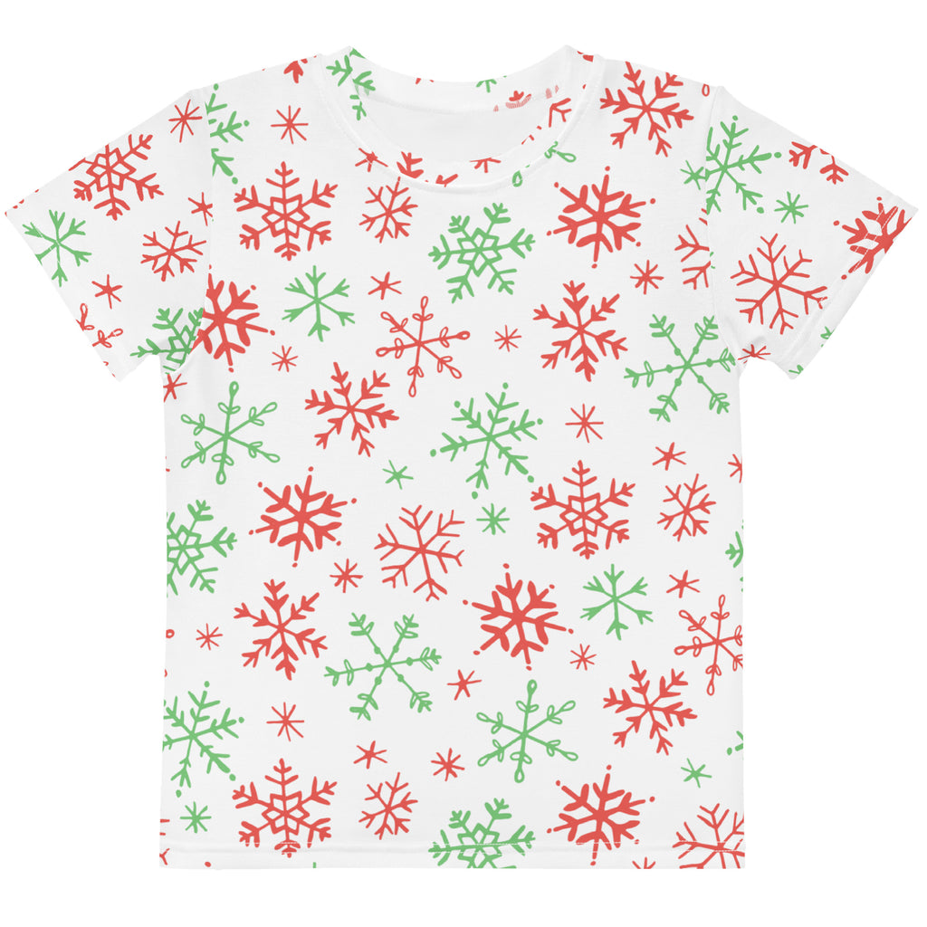 White cotton kids t-shirt with a playful red and green snowflakes pattern for Christmas wear