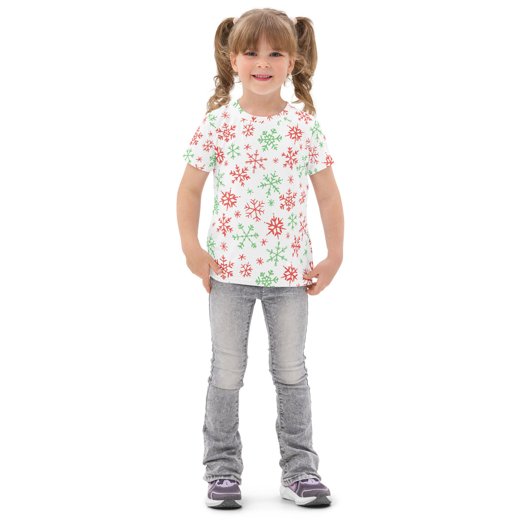 White kids cotton t-shirt with red and green snowflakes festive pattern for Christmas celebration