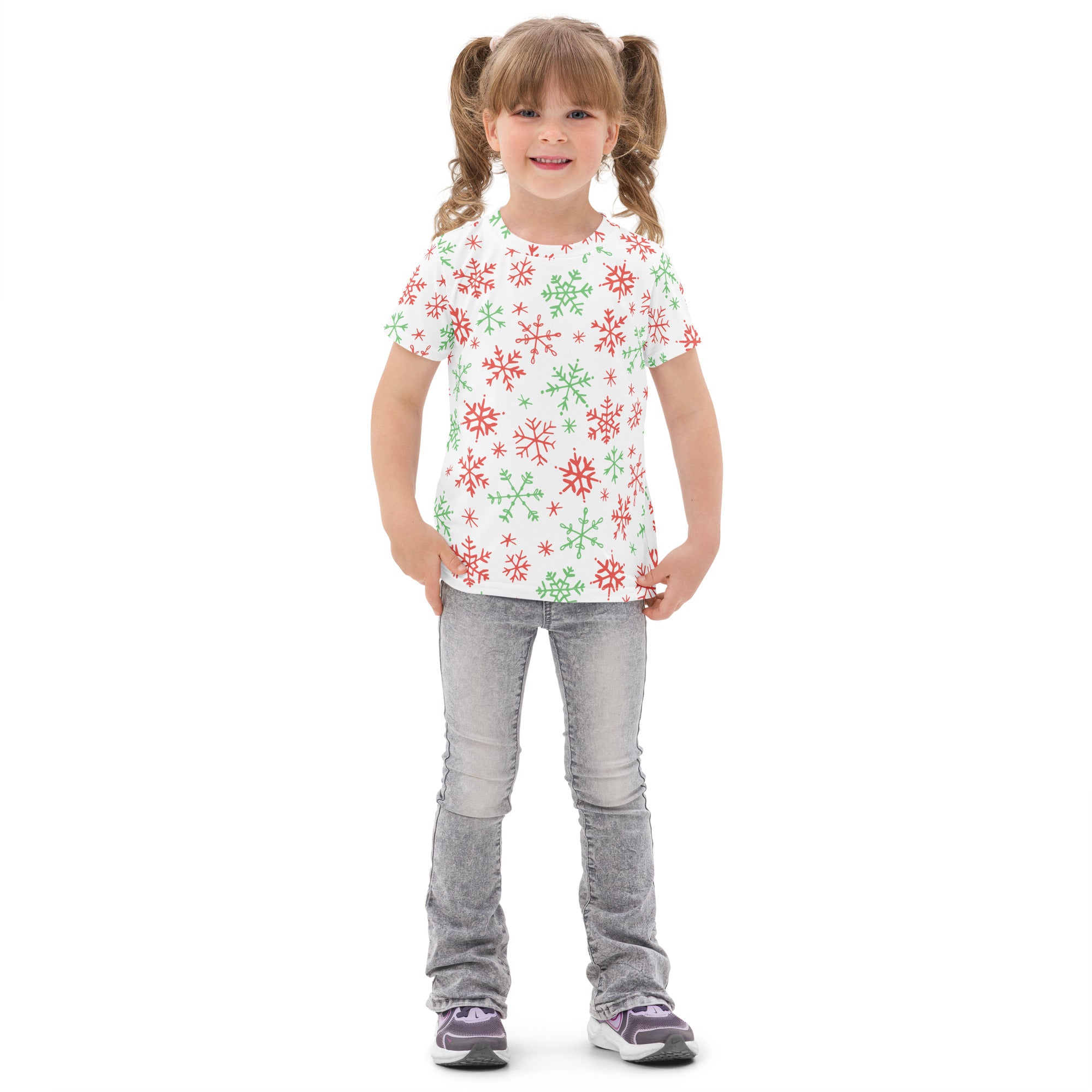 White kids cotton t-shirt with red and green snowflakes festive pattern for Christmas celebration