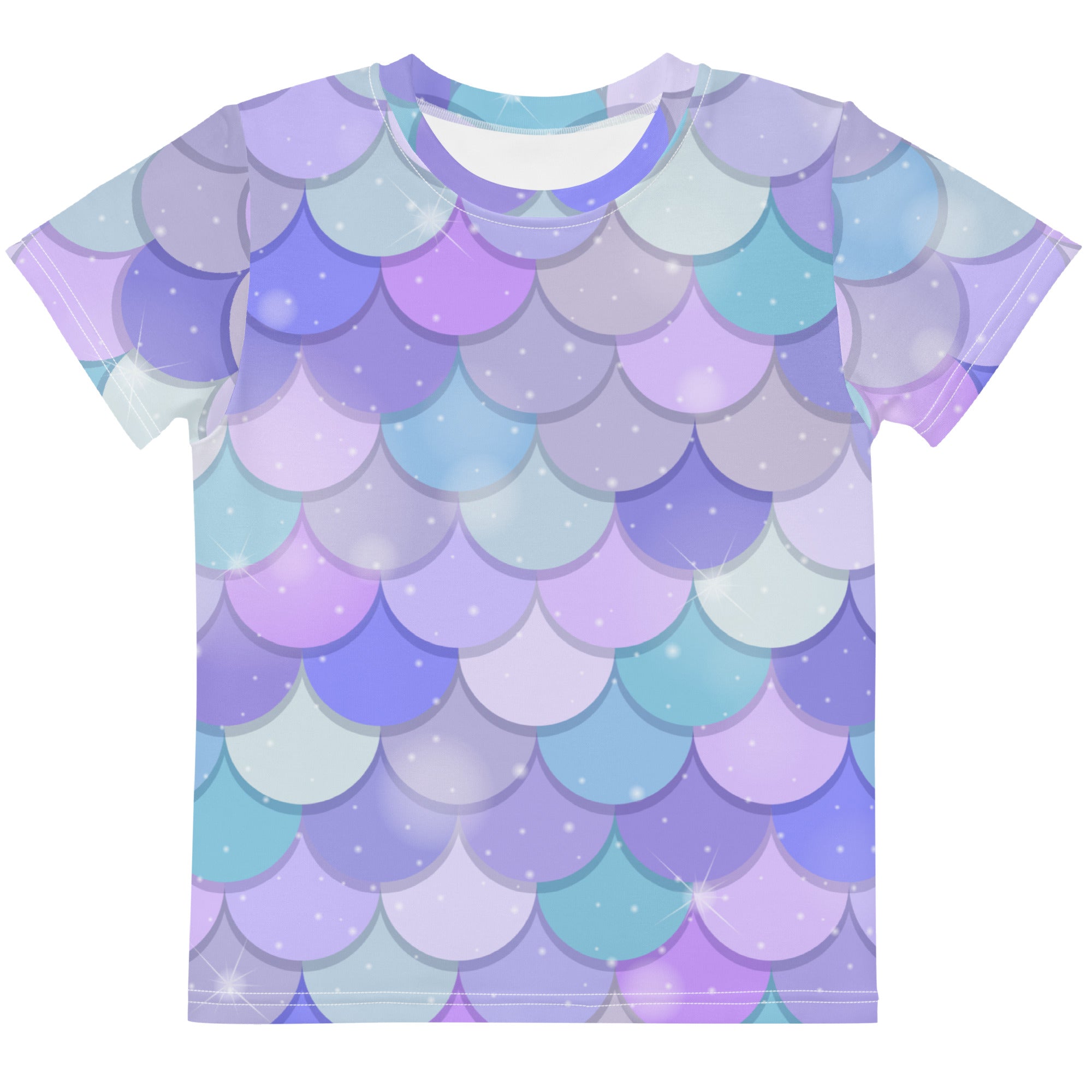Girls purple mermaid cotton t-shirt with short sleeves and vibrant pastel mermaid scale all-over print