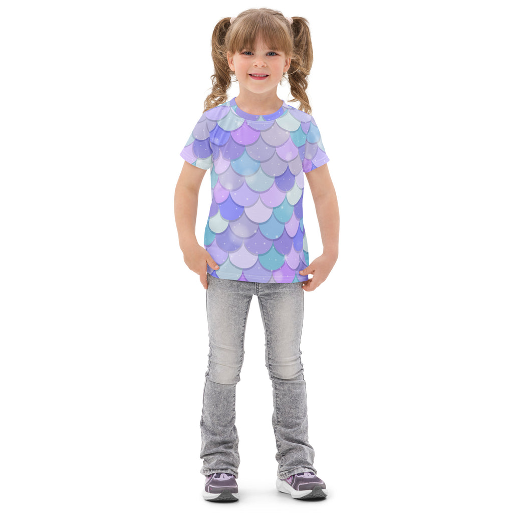 Girls purple mermaid cotton t-shirt with vibrant iridescent purple and blue short-sleeved mermaid scale pattern