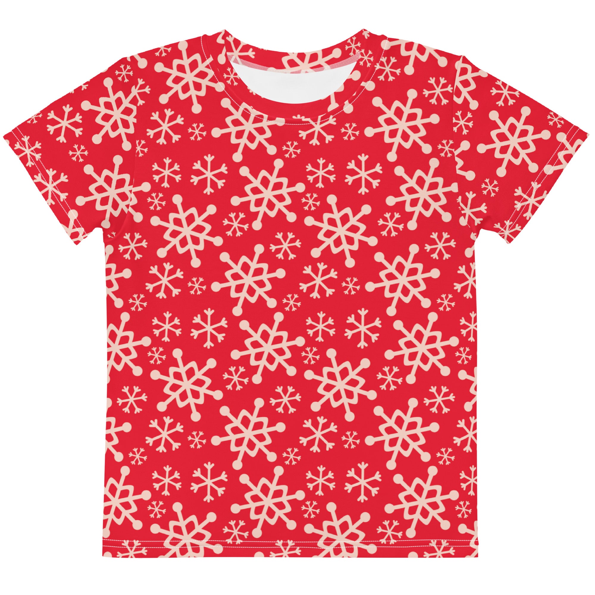 Kids red snowflakes Christmas cotton t-shirt with cream-colored snowflake pattern and short sleeves