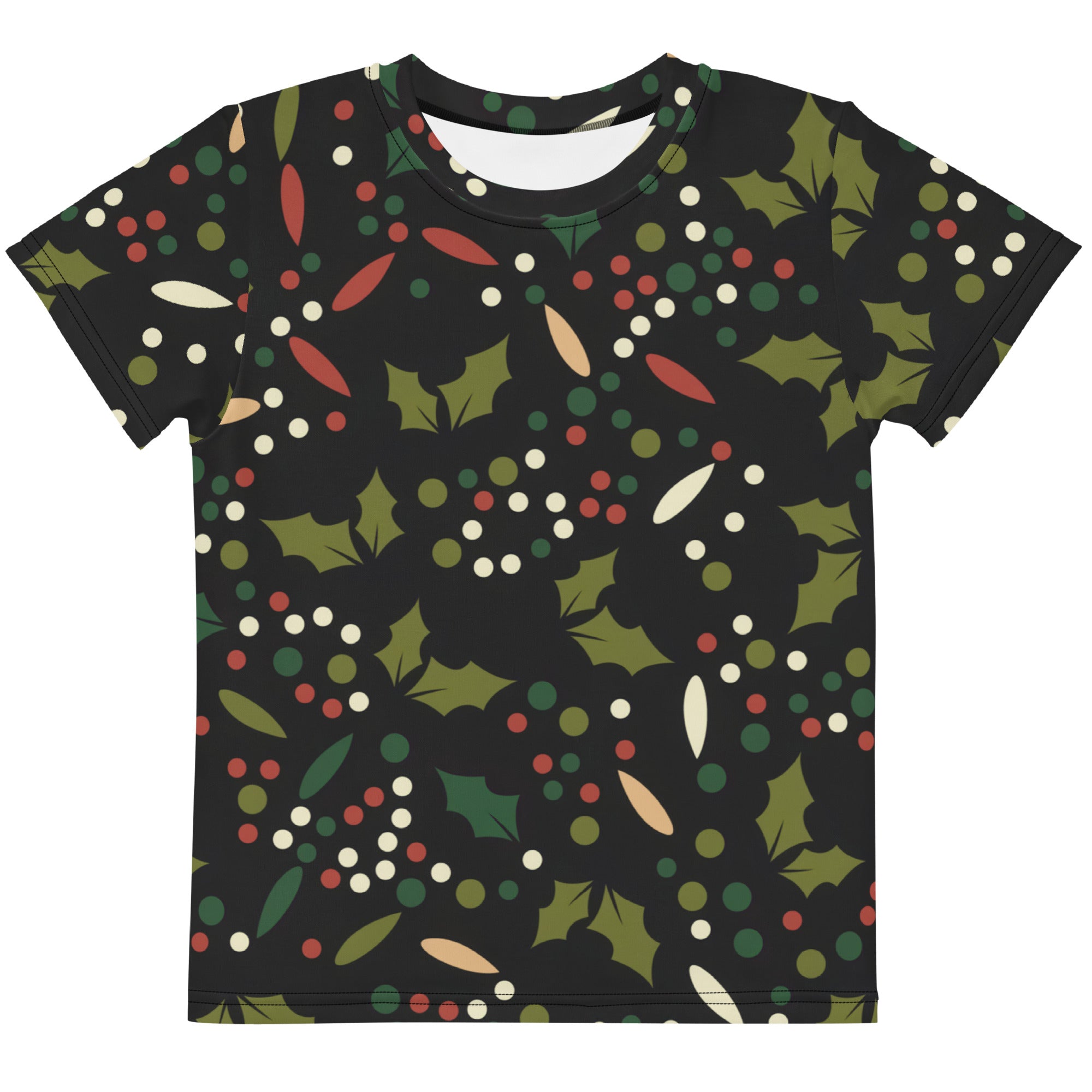 Kids holly berry christmas cotton t-shirt black short-sleeved with green holly leaves red and white berries festive pattern