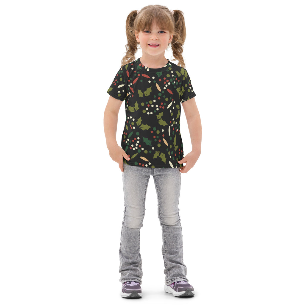 Kids holly berry christmas cotton t-shirt black short-sleeved with festive green holly leaves red berries and white dots