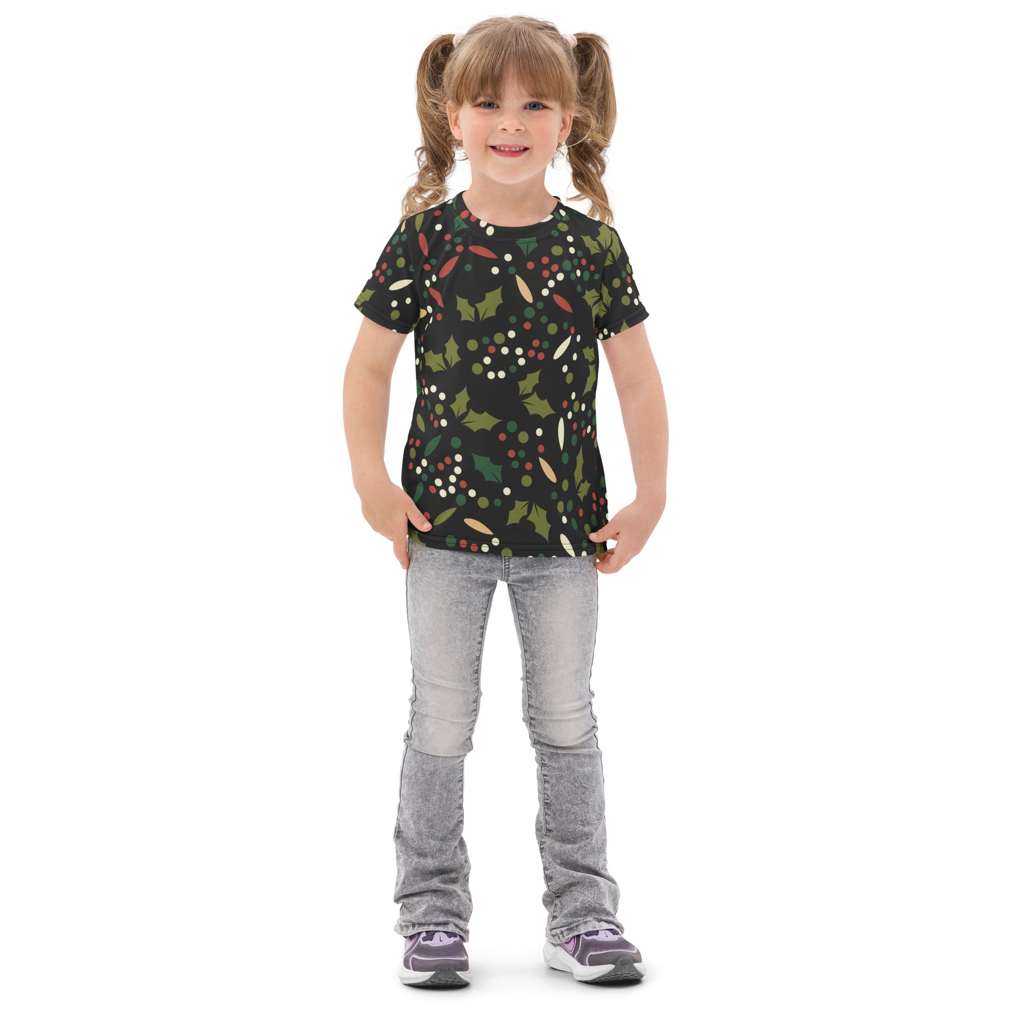 Kids holly berry christmas cotton t-shirt black short-sleeved with festive green holly leaves red berries and white dots