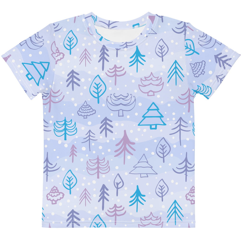 Kids winter forest cotton t-shirt light blue short-sleeved with playful teal lavender and gray tree and leaf print