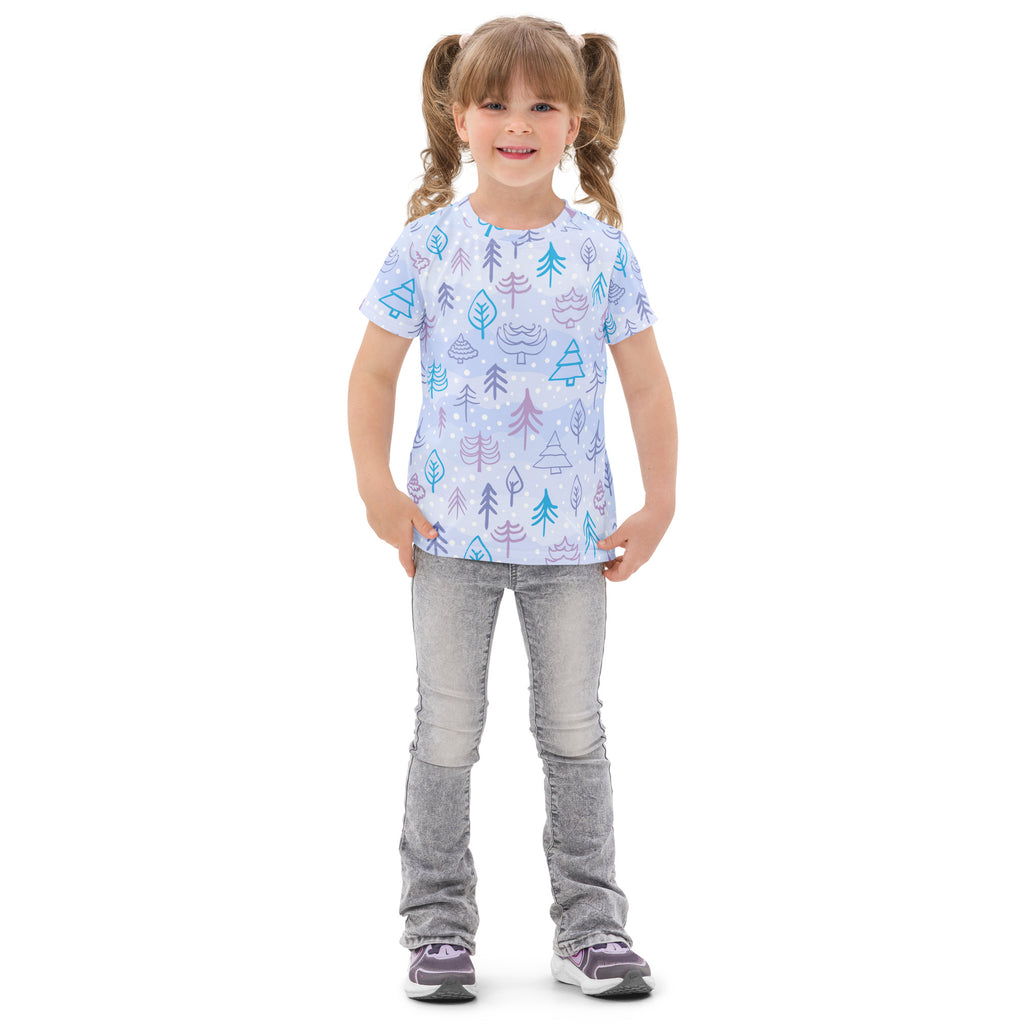 Kids winter forest cotton t-shirt in light blue with short sleeves and a playful teal purple and green tree pattern