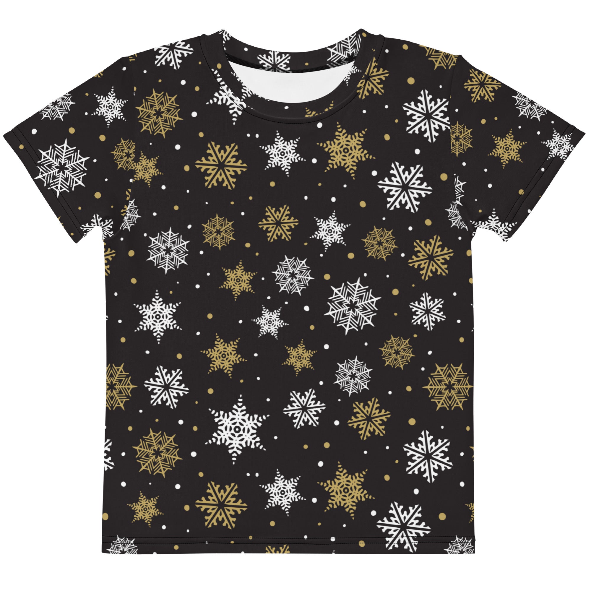 Kids gold snowflakes cotton t-shirt in black with white and gold snowflake pattern and short sleeves