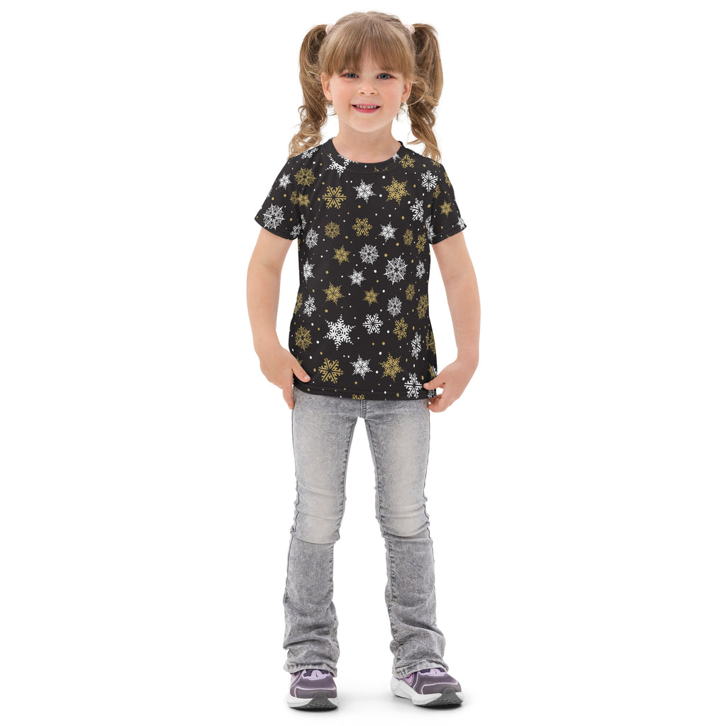 Black kids cotton t-shirt with white and gold snowflake pattern featuring short sleeves and festive design