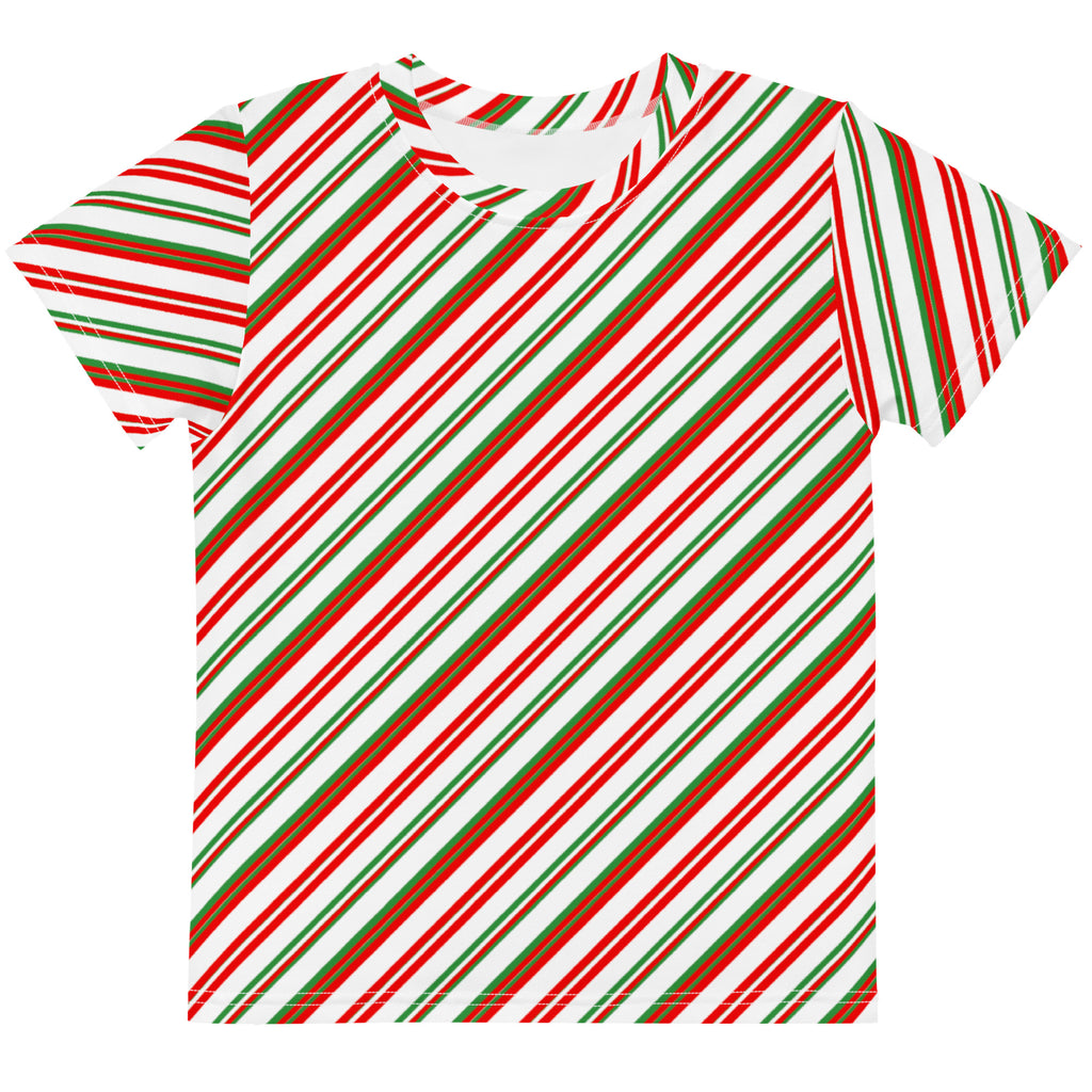 Kids cotton t-shirt with festive red green and white diagonal candy cane stripe pattern and short sleeves