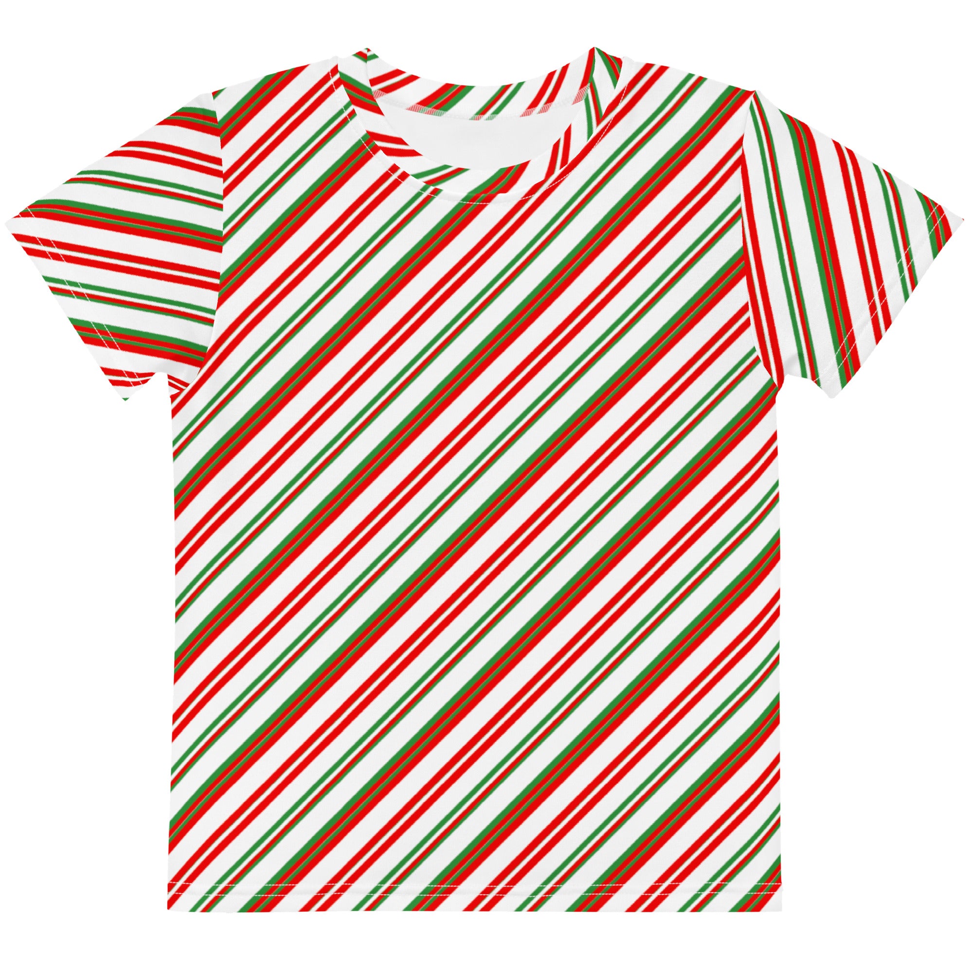 Kids cotton t-shirt with festive red green and white diagonal candy cane stripe pattern and short sleeves