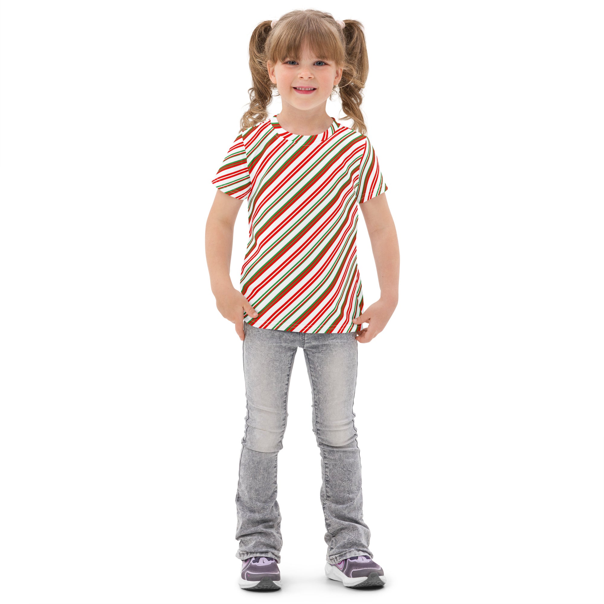 Kids Candy Cane Stripe cotton t-shirt with short sleeves and diagonal red green and white stripes for children