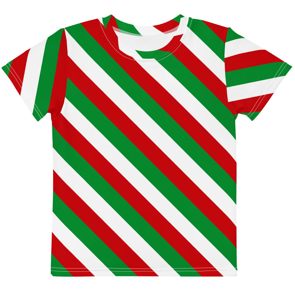 Kids bold candy cane stripe short-sleeved cotton t-shirt with red green and white diagonal stripes