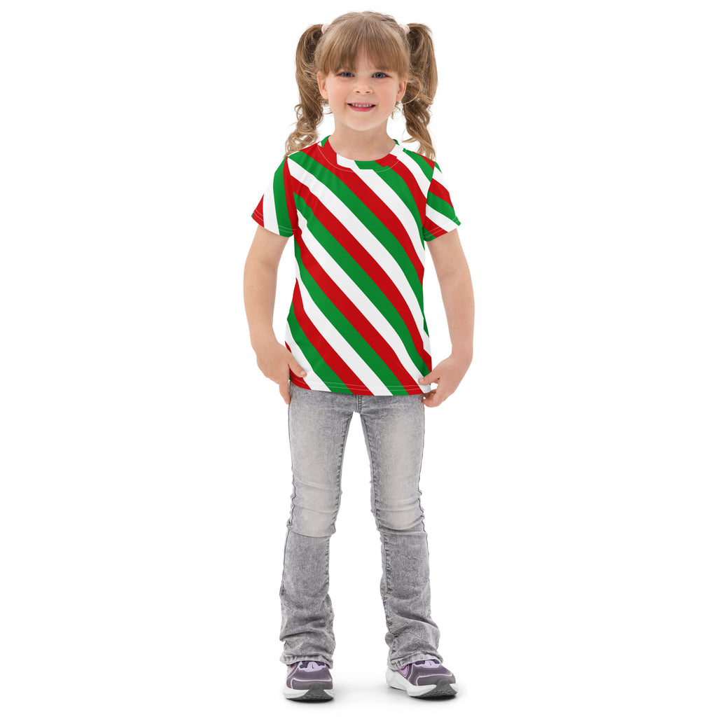 Kids bold candy cane stripe cotton t-shirt with short sleeves and red green and white diagonal stripes