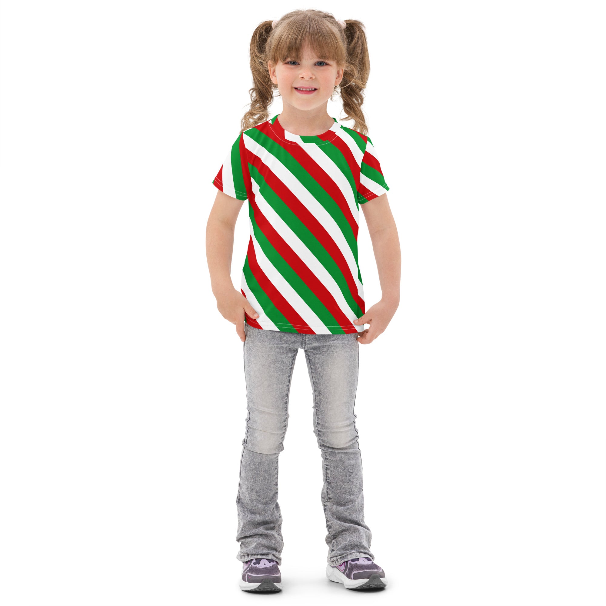 Kids bold candy cane stripe cotton t-shirt with short sleeves and red green and white diagonal stripes