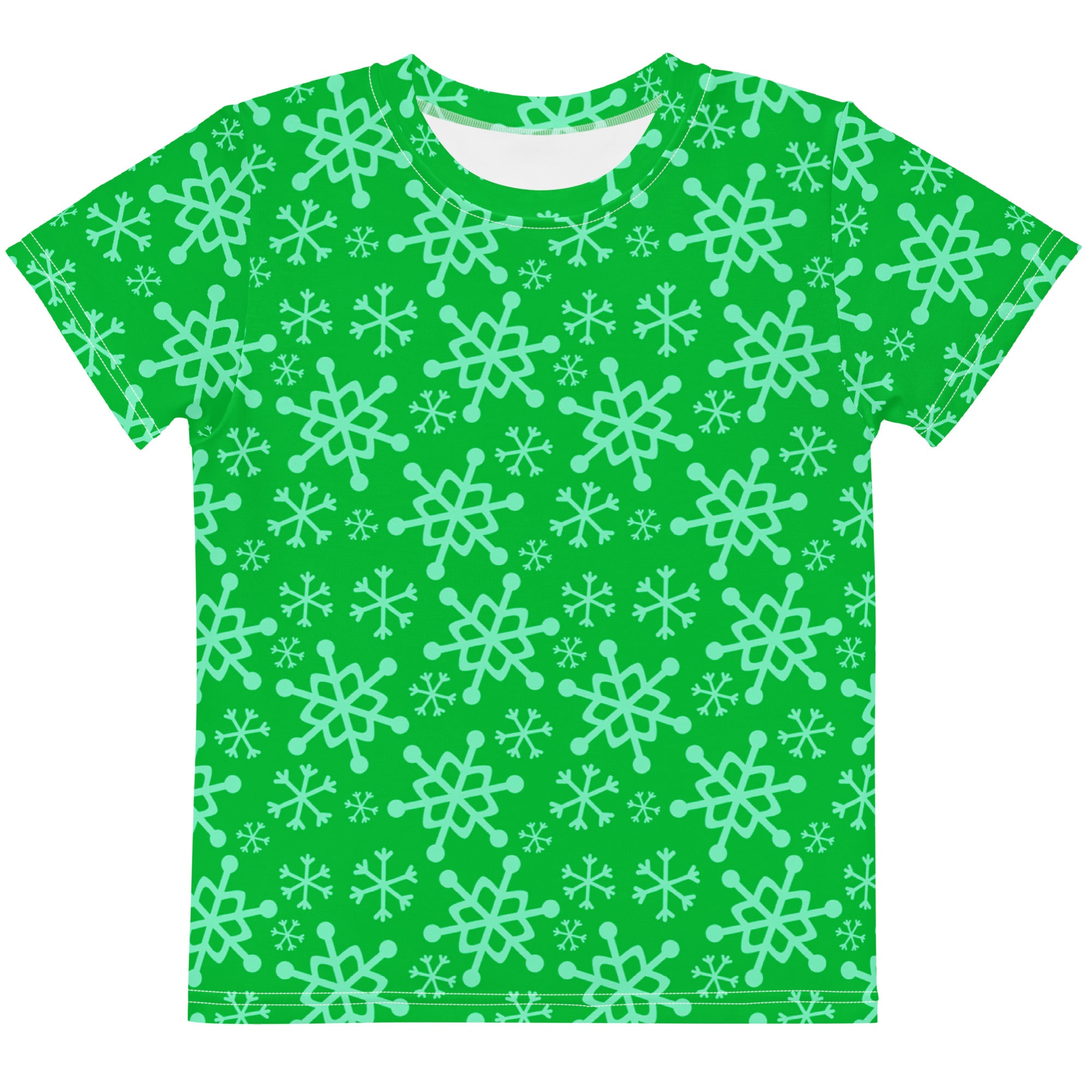 Kids green snowflakes christmas cotton t-shirt with vibrant short sleeves and light mint stylized snowflake pattern