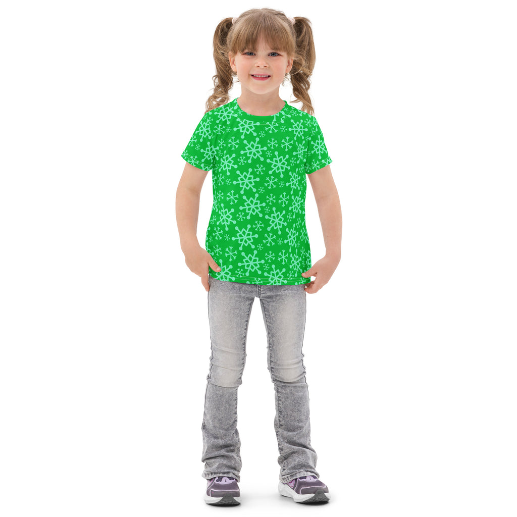 Kids green snowflakes Christmas cotton t-shirt with short sleeves and light green snowflake pattern