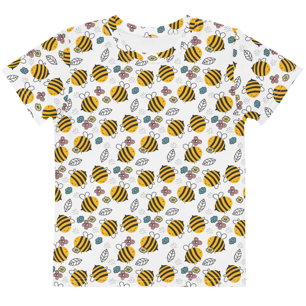 Kids floral yellow bumblebee cotton t-shirt with playful all-over print of bees flowers and leaves on white fabric
