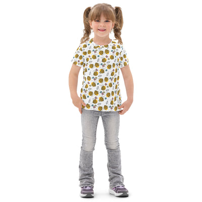 Kids floral yellow bumblebee cotton t-shirt with white short sleeves and playful bee and green leaf pattern
