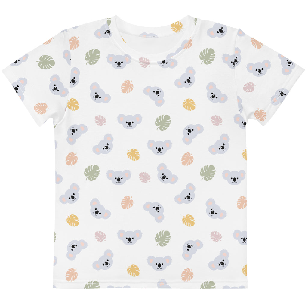 Kids koala cotton t-shirt white short-sleeved with gray koala face pattern and pastel tropical leaves design