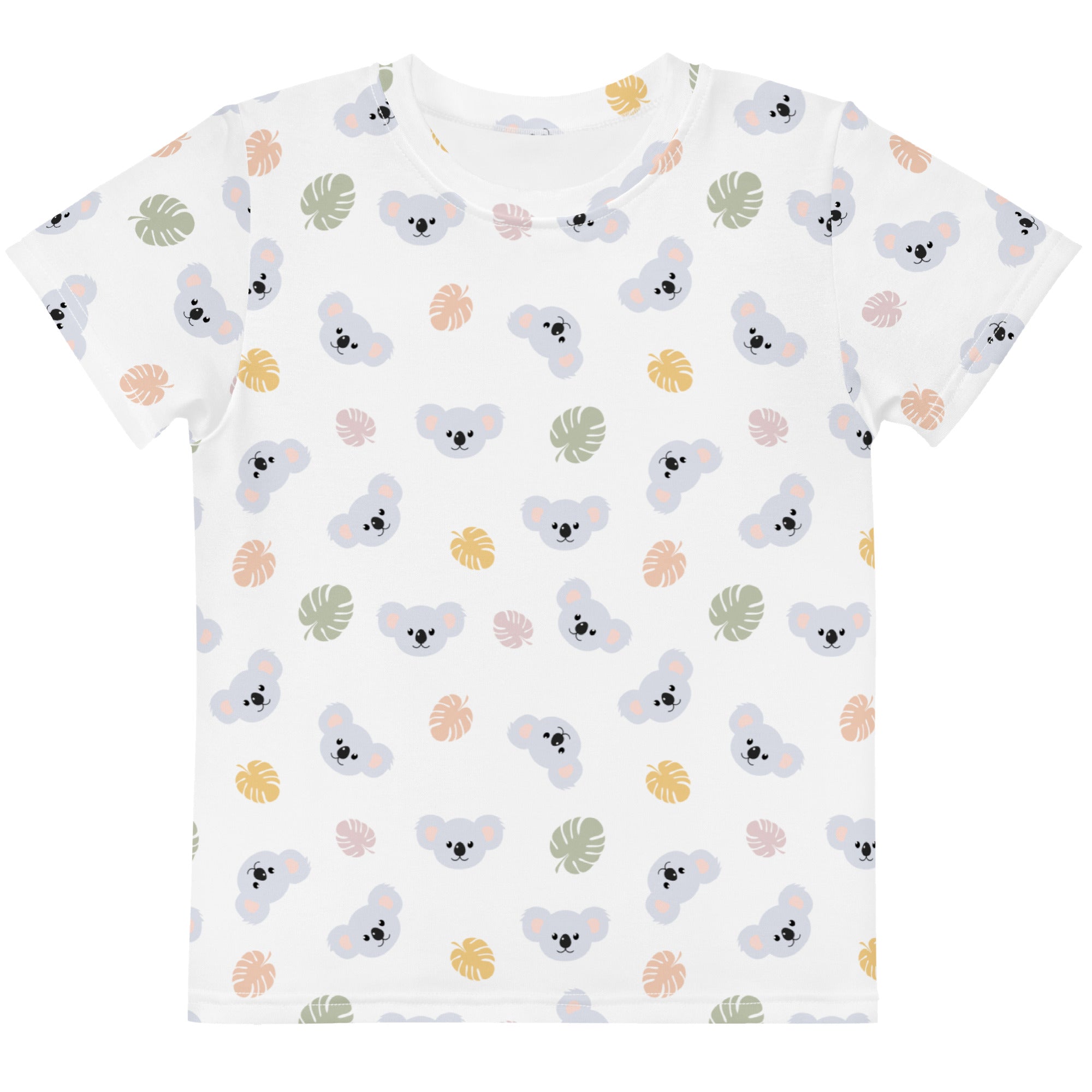 Kids koala cotton t-shirt white short-sleeved with gray koala face pattern and pastel tropical leaves design