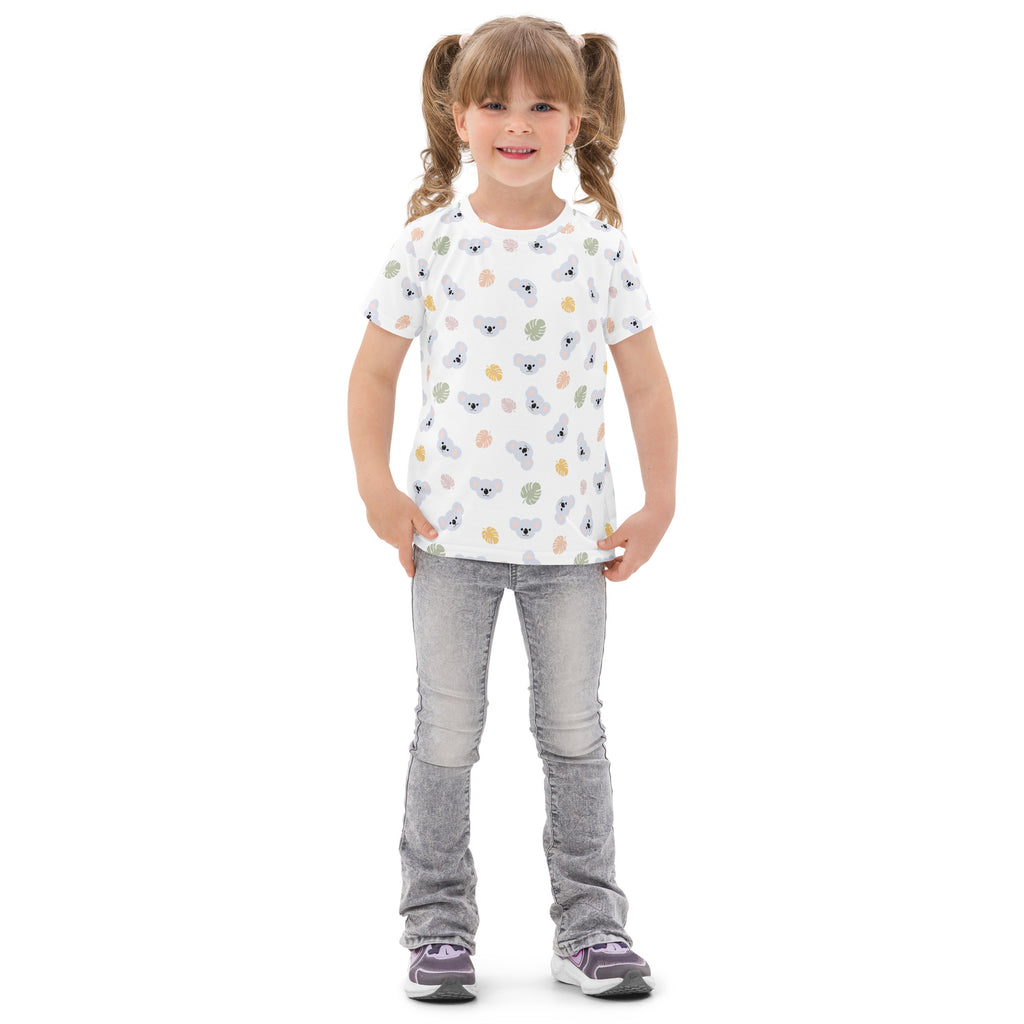 Kids koala cotton t-shirt white short-sleeved with playful koala and leaf pattern in soft pastel shades
