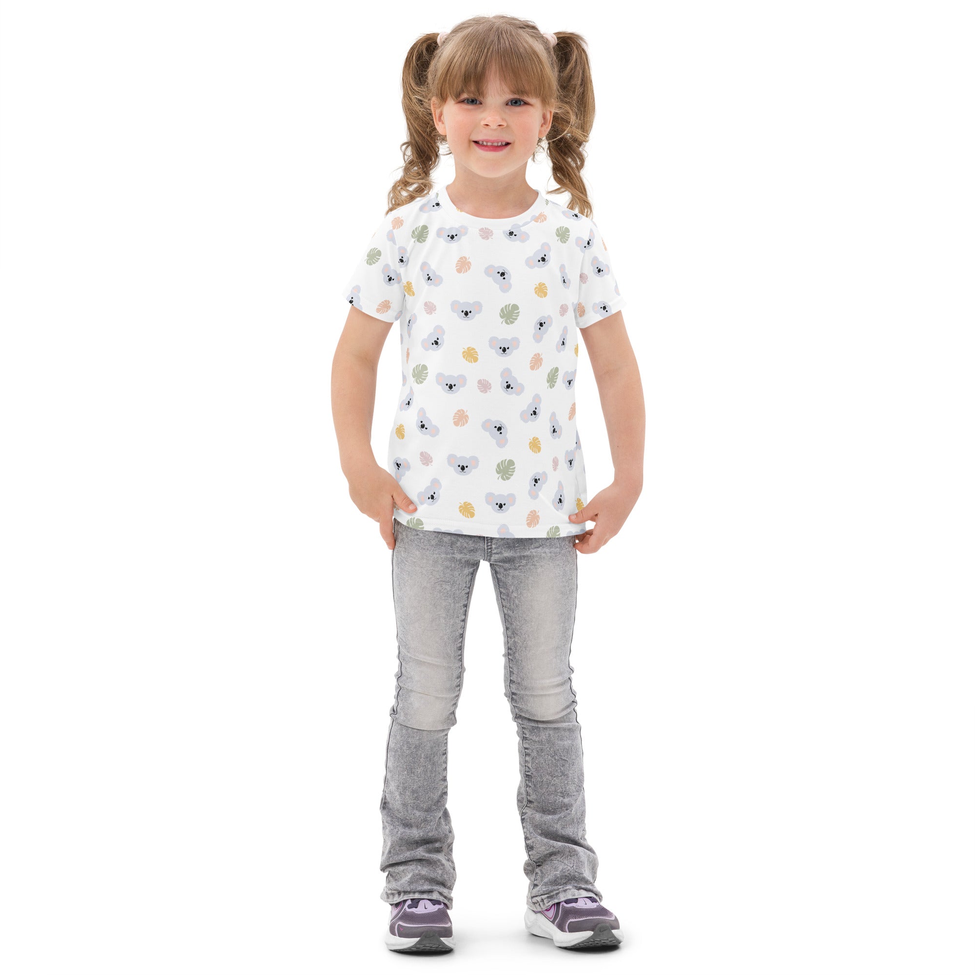 Kids koala cotton t-shirt white short-sleeved with playful koala and leaf pattern in soft pastel shades
