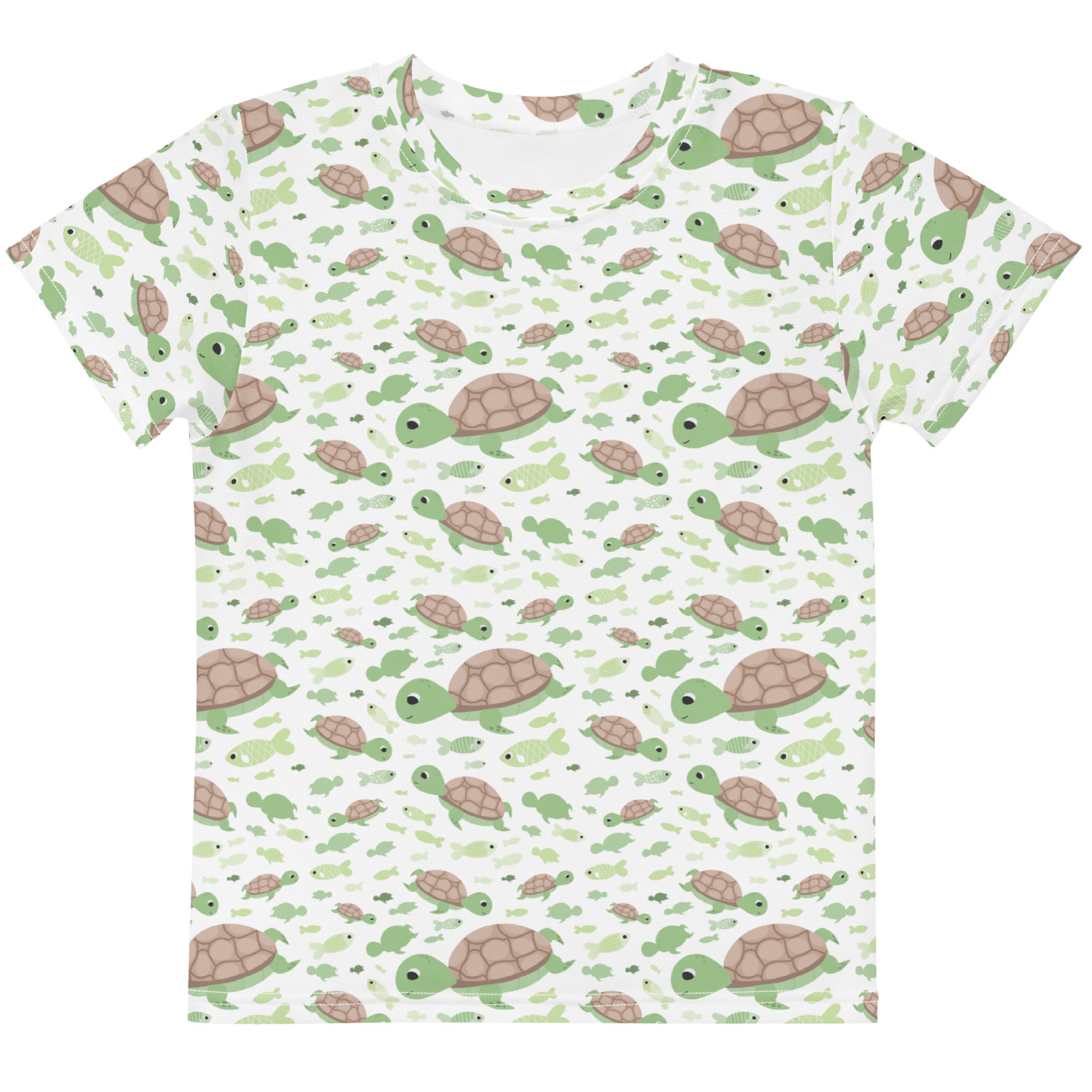 Kids green sea turtles cotton t-shirt with playful all-over print of cartoon turtles in shades of green and brown