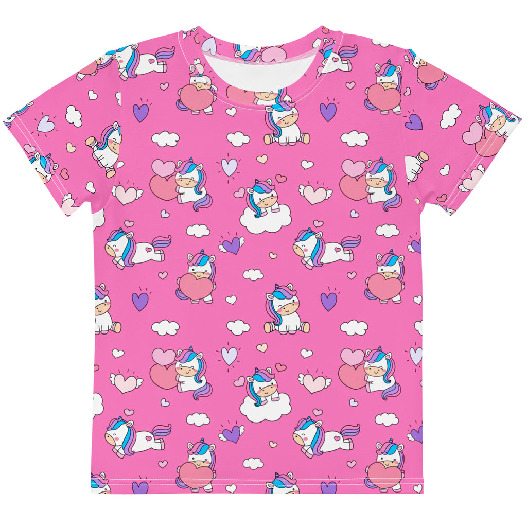 Girls unicorn hearts cotton t-shirt in pink with playful cartoon unicorns and rainbow manes on clouds print
