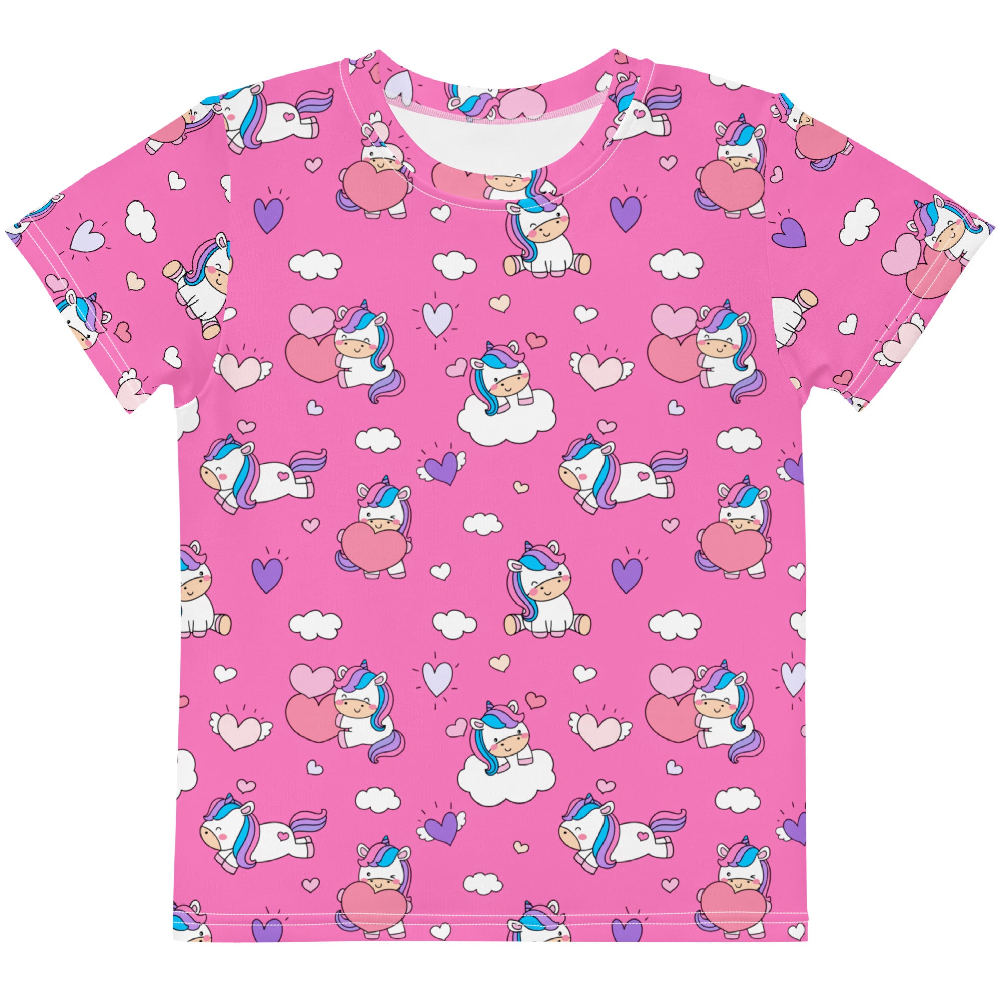 Girls unicorn hearts cotton t-shirt in pink with playful cartoon unicorns and rainbow manes on clouds print