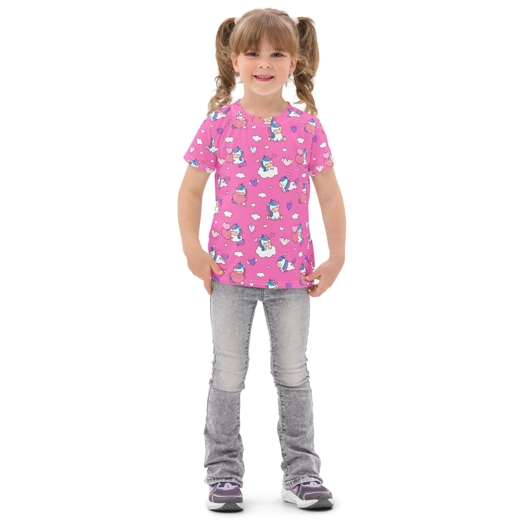 Girls unicorn hearts cotton t-shirt in pink with blue and white cartoon unicorns clouds and hearts pattern