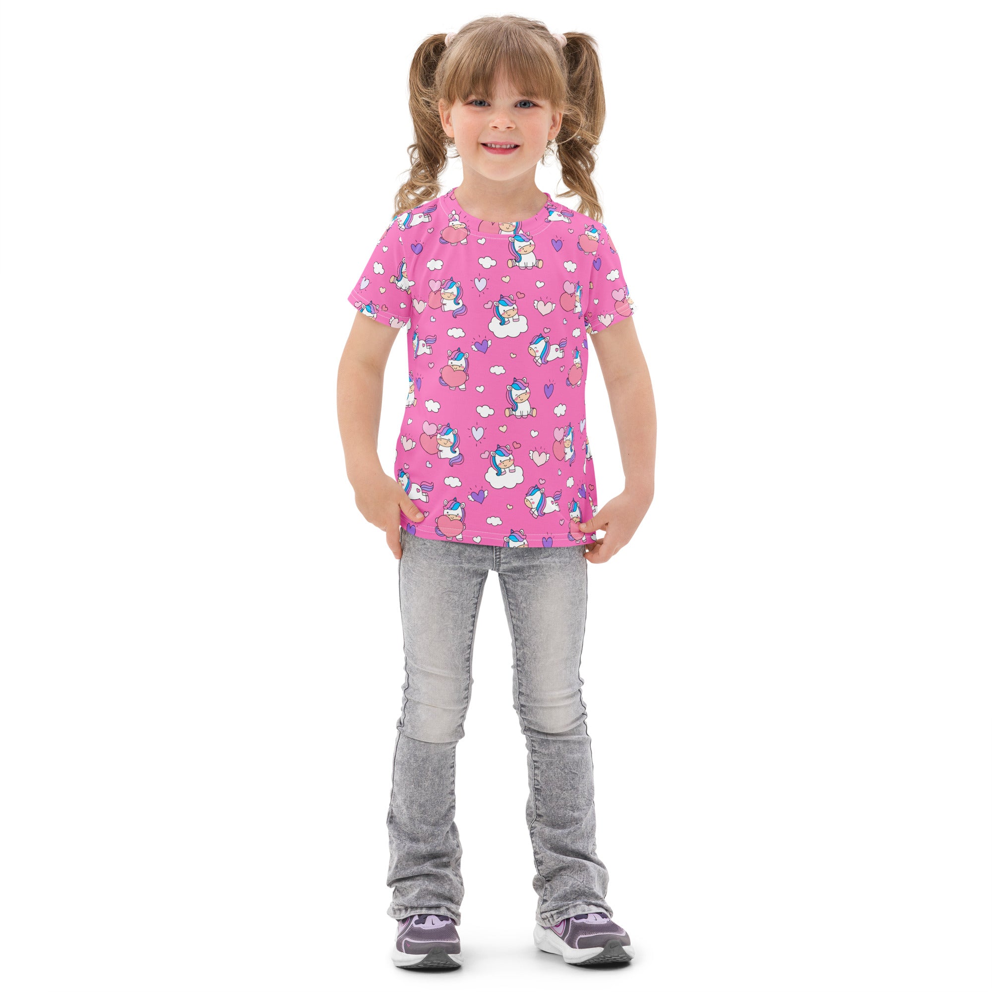 Girls unicorn hearts cotton t-shirt in pink with blue and white cartoon unicorns clouds and hearts pattern