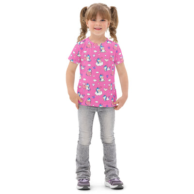 Girls unicorn hearts cotton t-shirt in pink with blue and white cartoon unicorns clouds and hearts pattern