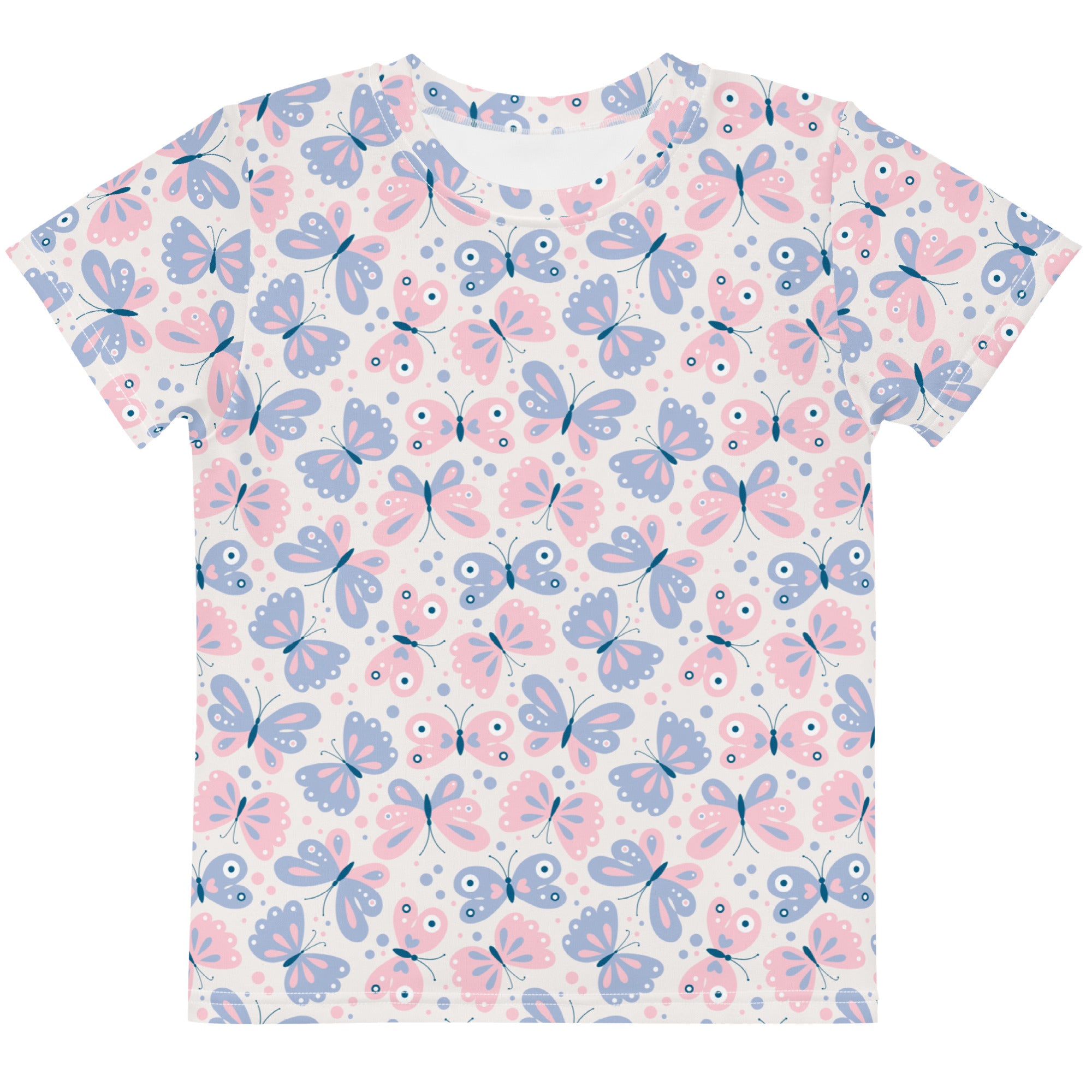 Girls pastel butterfly cotton t-shirt with soft short sleeves and playful pink and lavender butterfly print on off-white background