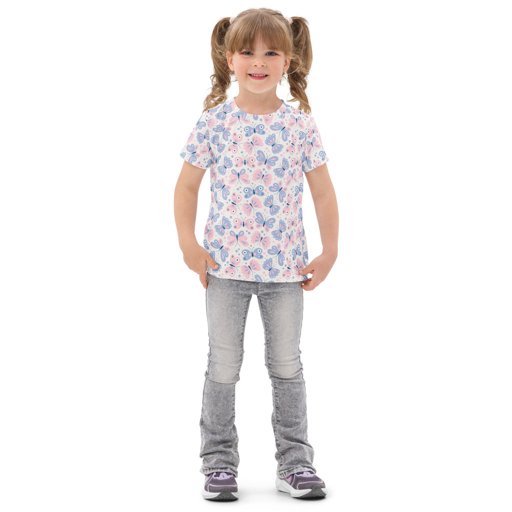 Girls pastel butterfly cotton t-shirt with short sleeves and playful pink and blue butterflies on light background
