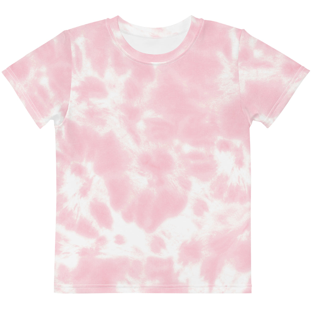 Girls pink tie dye cotton t shirt featuring soft pink and white colors with short sleeves and a classic crew neck