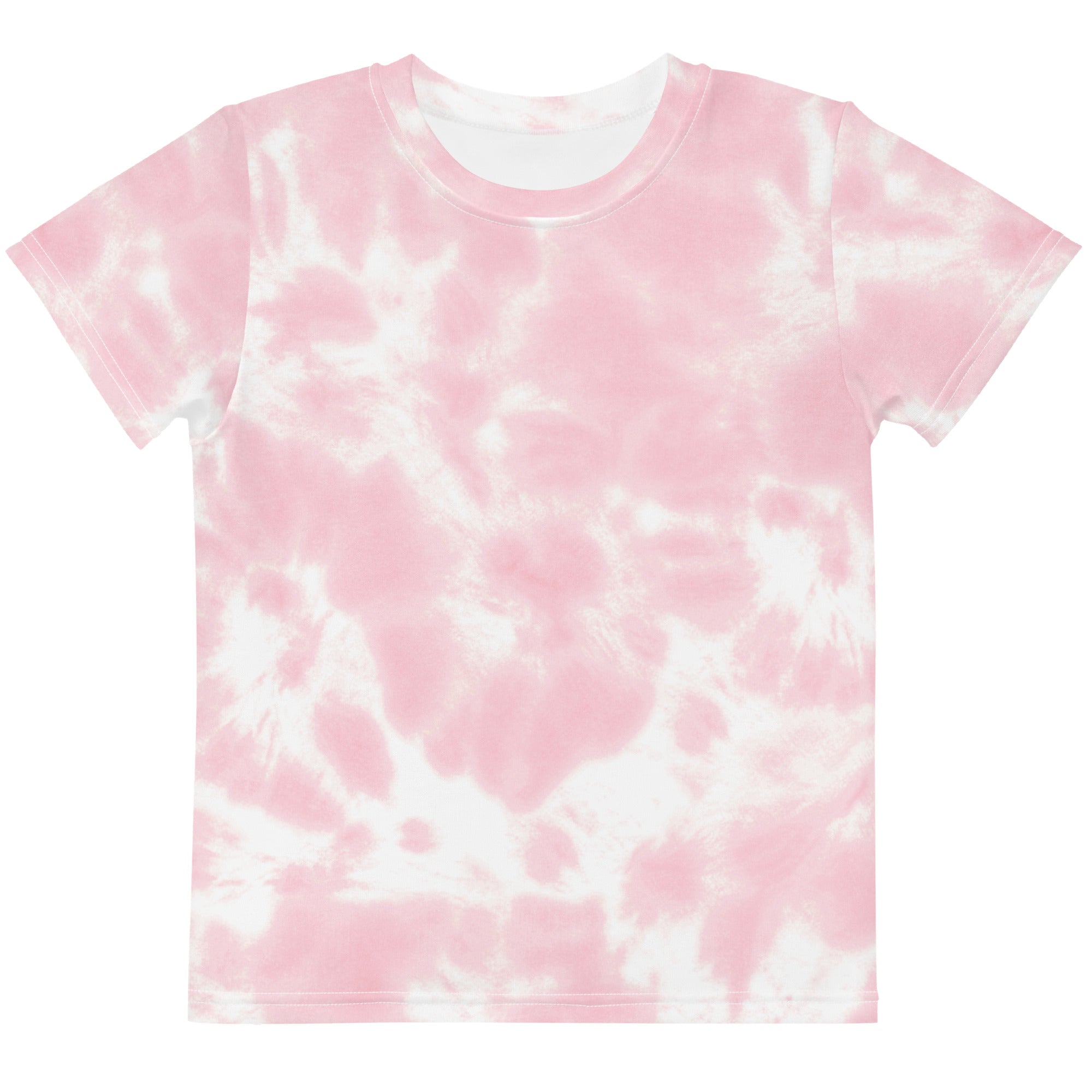 Girls pink tie dye cotton t shirt featuring soft pink and white colors with short sleeves and a classic crew neck