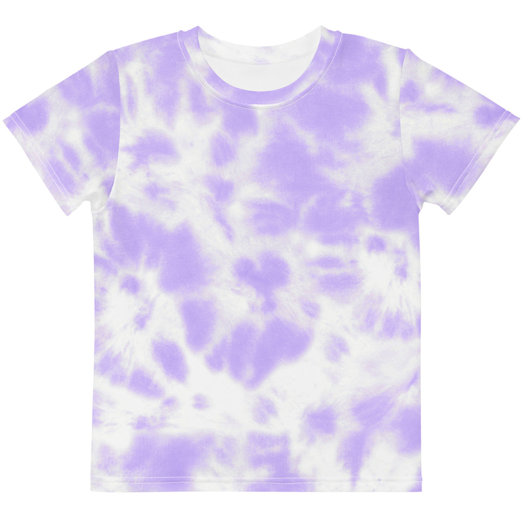 Girls purple tie dye cotton t-shirt featuring a soft lavender and white short-sleeved crew neck design