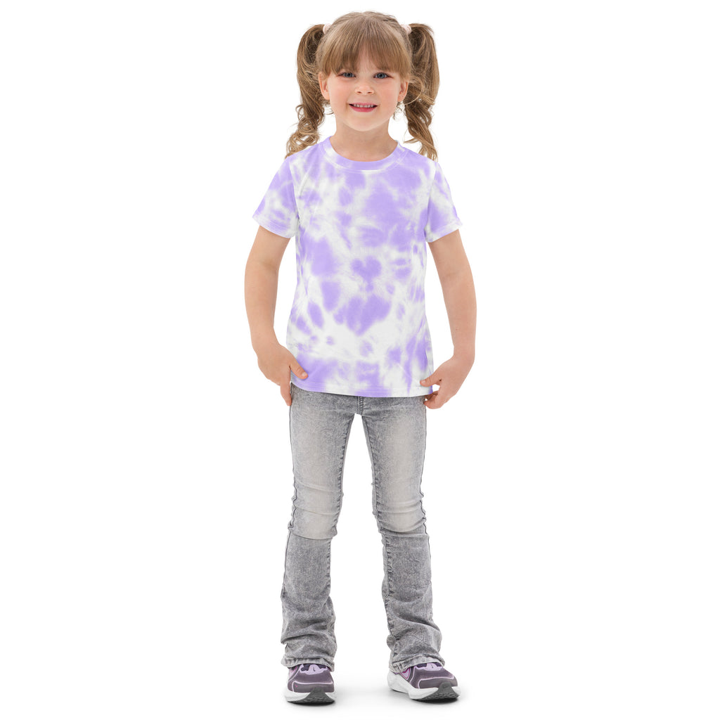 Girls purple tie dye cotton t-shirt featuring short sleeves and a vibrant purple and white pattern for casual wear