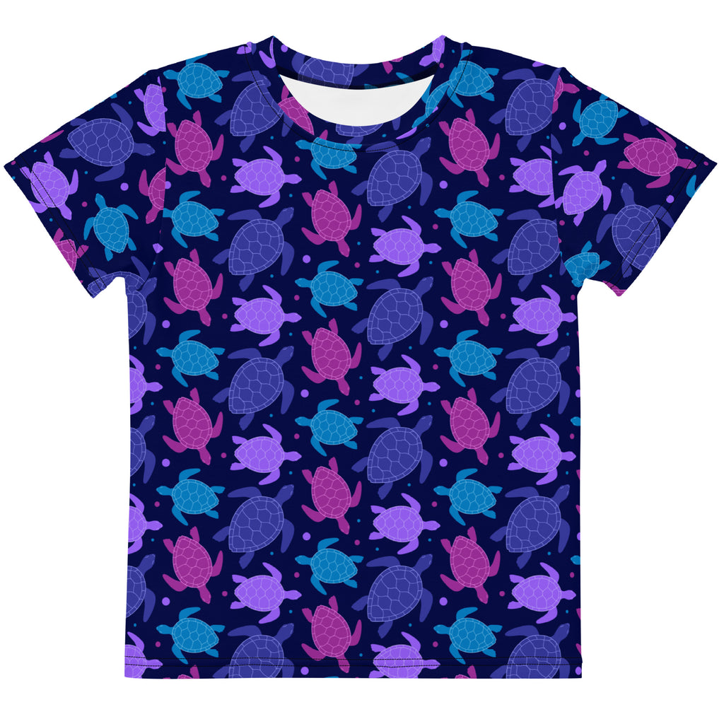 Girls purple sea turtle cotton t-shirt with navy blue short sleeves and vibrant purple pink teal turtle print