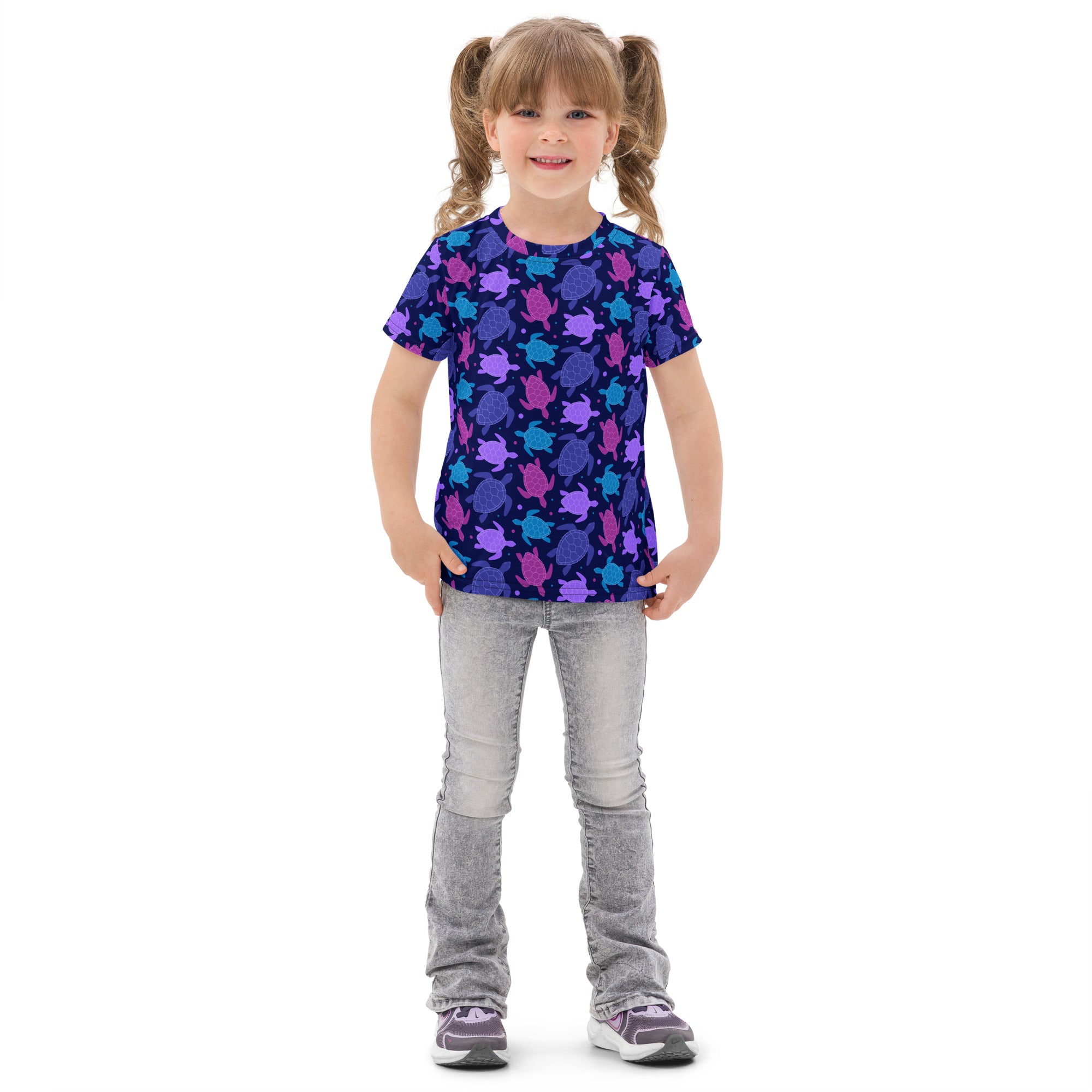 Girls purple sea turtle cotton t-shirt with vibrant blue and purple turtle pattern and short sleeves for kids