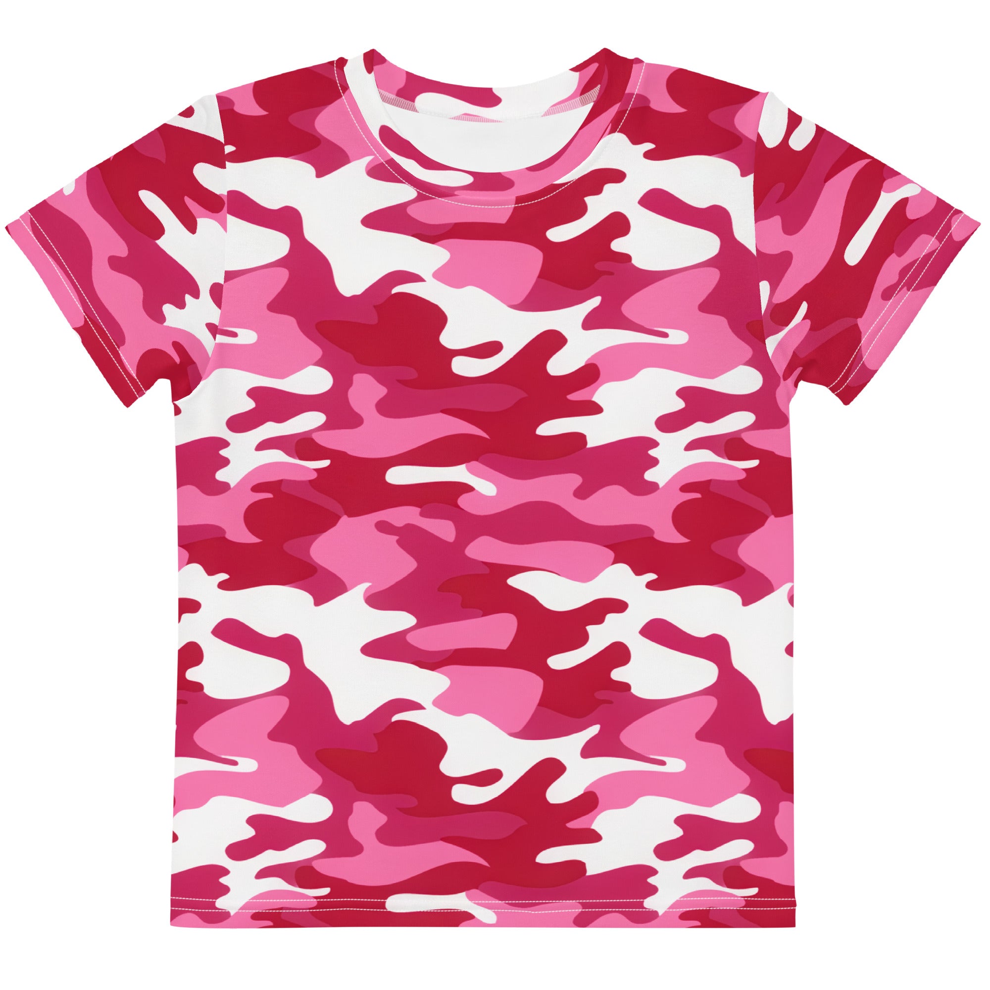 Girls bright pink camouflage cotton t-shirt with short sleeves featuring vibrant pink and white pattern