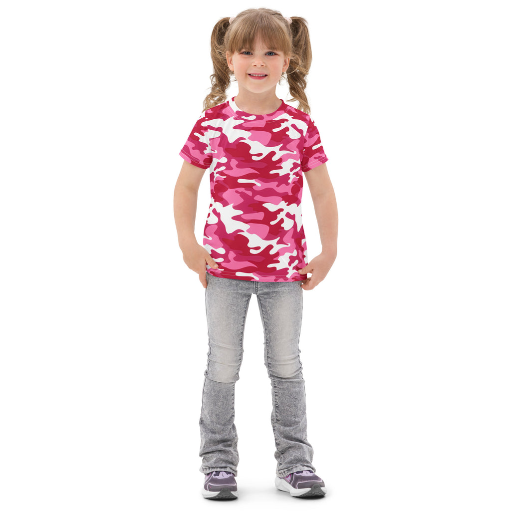 Girls bright pink camouflage cotton t-shirt with short sleeves in pink and white camouflage pattern