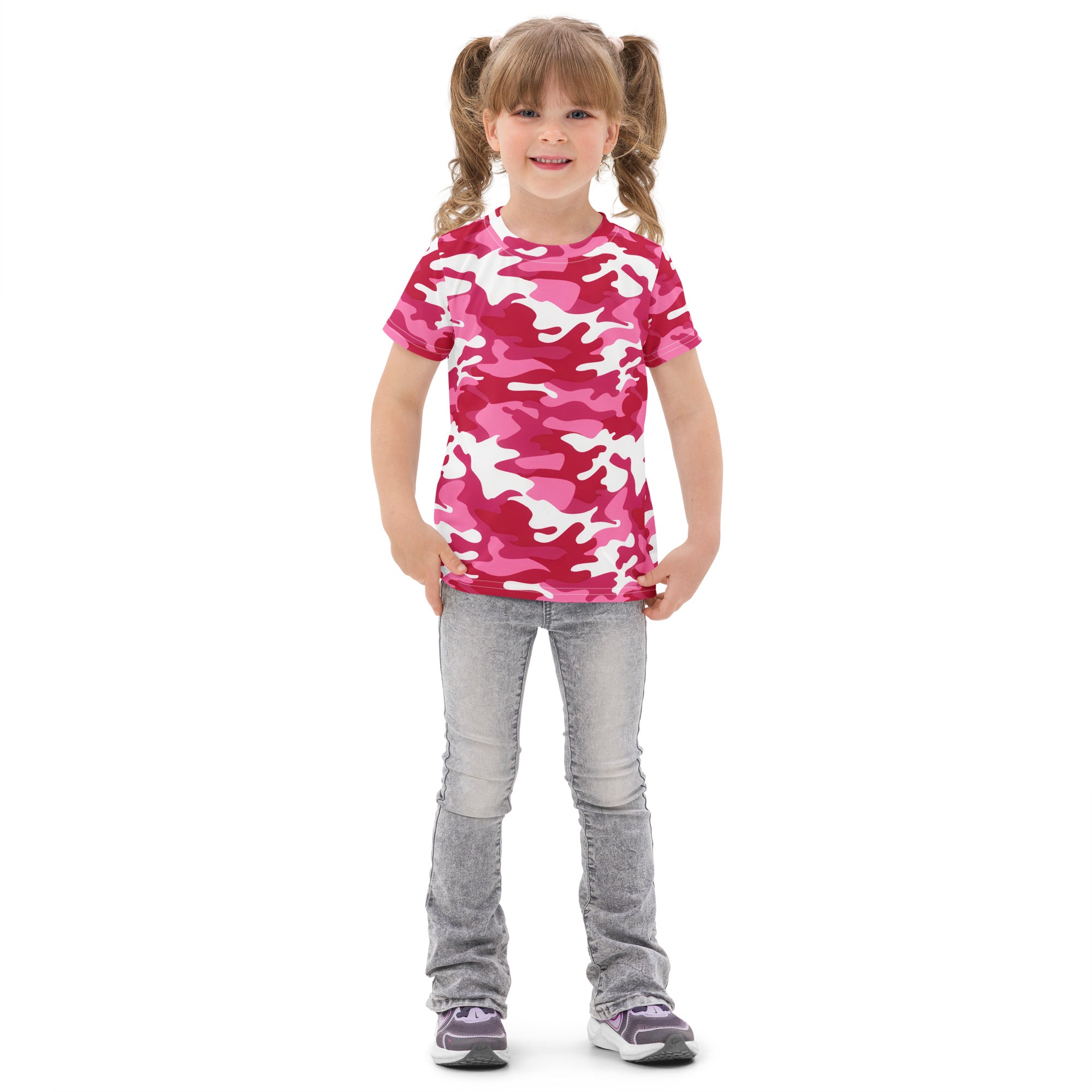 Girls bright pink camouflage cotton t-shirt with short sleeves in pink and white camouflage pattern