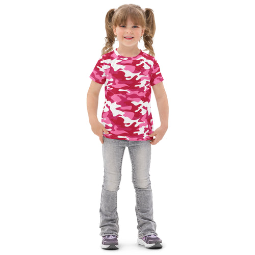 Girls bright pink camouflage cotton t-shirt with short sleeves in pink and white camouflage pattern