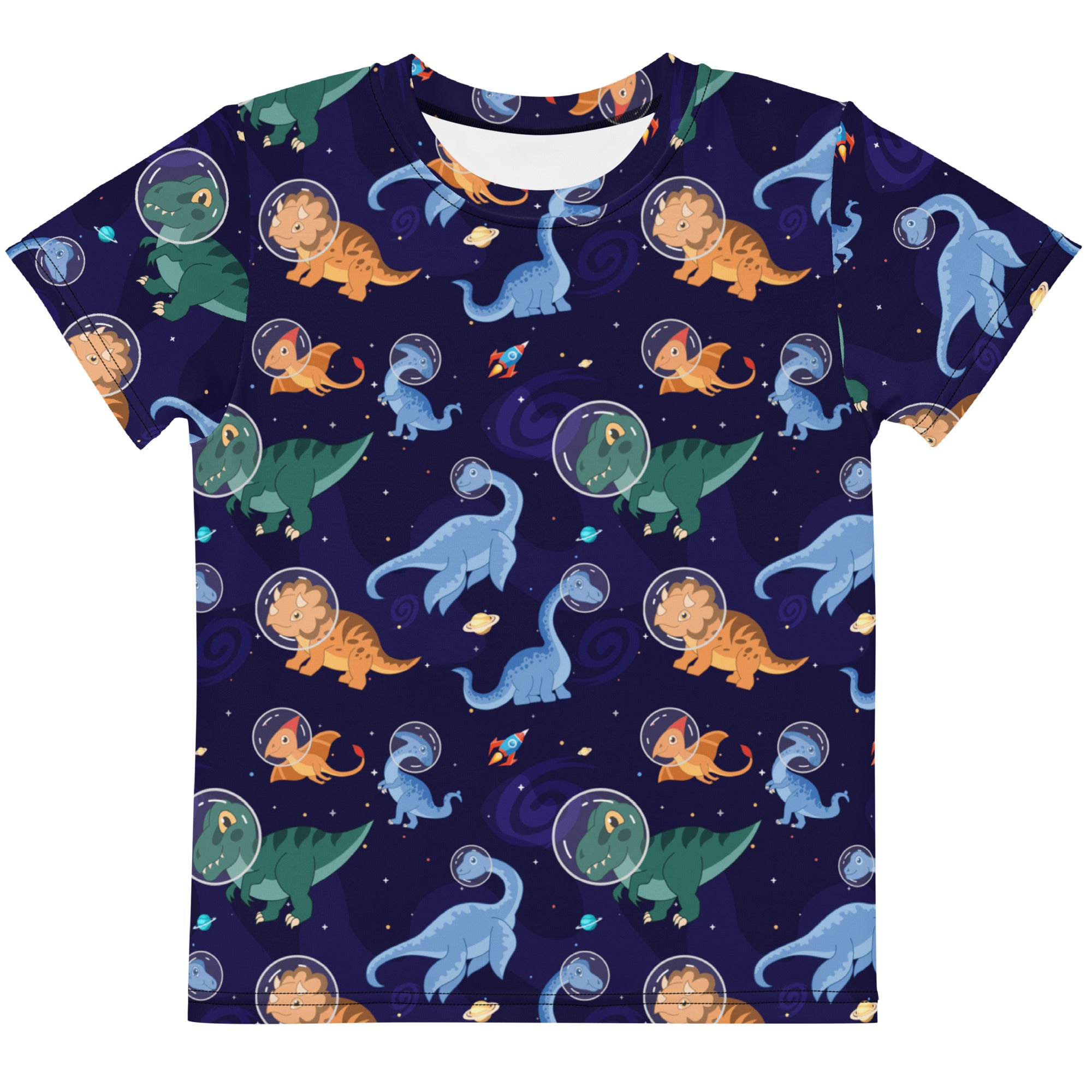 Kids space dinosaurs cotton t-shirt navy blue short-sleeved with playful cartoon dinosaur astronauts print