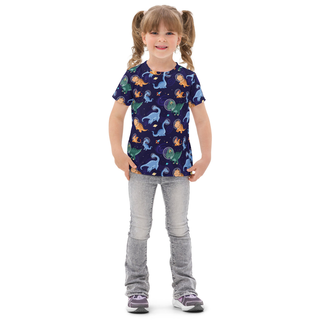 Navy blue kids space dinosaurs cotton t-shirt with colorful dinosaur and space-themed pattern and short sleeves