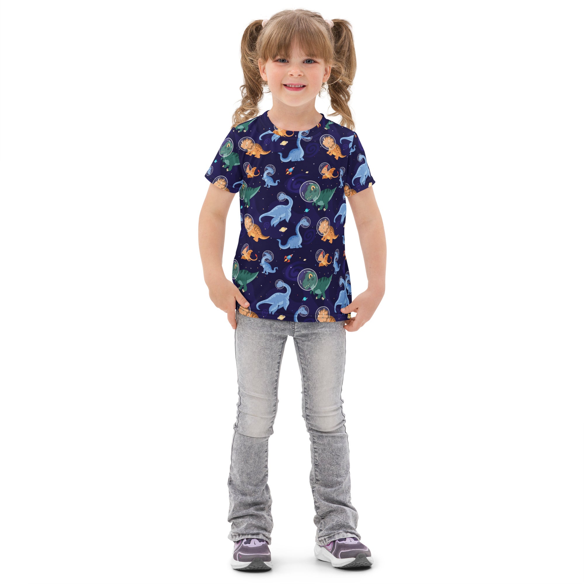 Navy blue kids space dinosaurs cotton t-shirt with colorful dinosaur and space-themed pattern and short sleeves