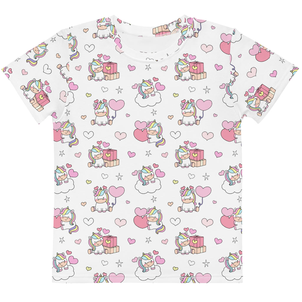 Girls unicorn birthday cotton t-shirt in white with short sleeves and playful pastel unicorn heart and gift print